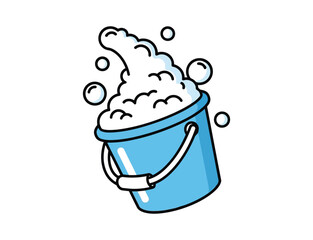 Blue bucket filled with white soapy foam and bubbles