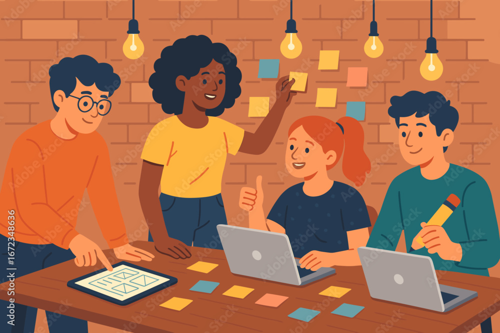 Poster group collaboration in a bright workspace with laptops and colorful sticky notes