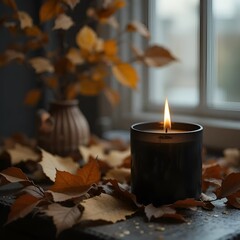Cozy Autumn Scene with Burning Candle by Window