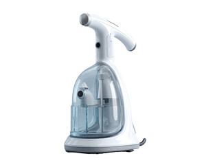 Compact, white, handheld garment steamer with transparent water tank