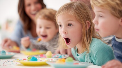 Fototapeta premium A family of four is sitting at a table with plates of food in front of them