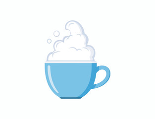 A blue mug filled with creamy foam, with bubbles floating above it