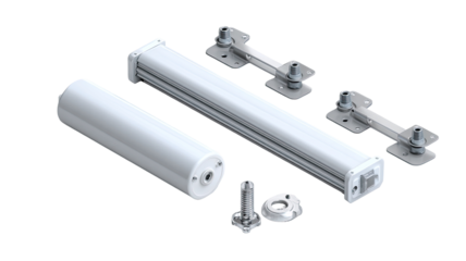 Components of a motorized window blind system.  A light gray, cylindrical motor, and bracket attachments are shown.  Various parts are separated, for a clear view of the construction
