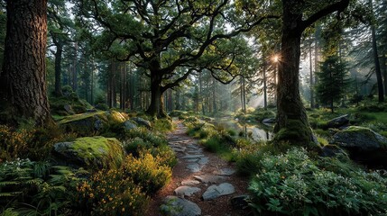Serene Forest Pathway Enveloped by Lush Green Undergrowth and Towering Trees Inviting Peace and Connection with Nature