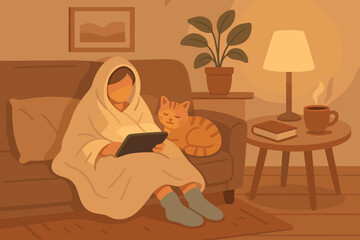 Fototapeta premium Cozy evening at home with a cat and a warm drink on a couch