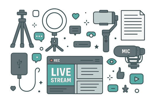 Creative setup for live streaming with various equipment and tech components for content creation and broadcasting