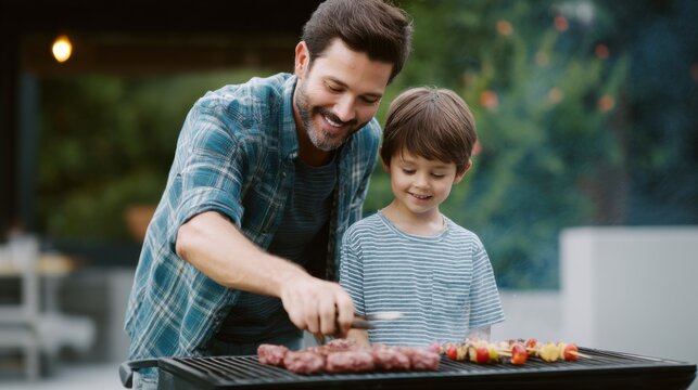 A man and a boy are cooking food on a grill