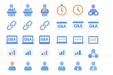 Virtual conference and webinar icons set with speakers, timers, links, Q&A, ratings, live streaming, analytics, and audience in blue and orange theme