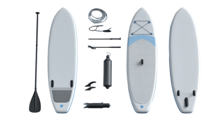 Inflatable stand-up paddleboard components laid out