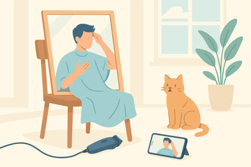 Man Giving Himself a Haircut at Home with Video Tutorial While Cat Watches