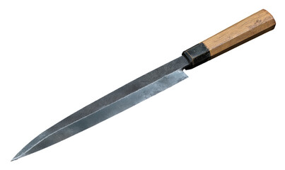 Sharp, long, steel kitchen knife with wooden handle