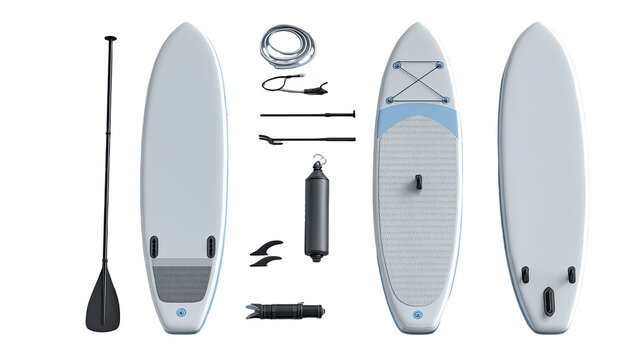 Inflatable stand-up paddleboard components laid out