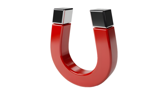 A red horseshoe magnet with silver ends isolated on a black background in a studio shot - Powered by Adobe