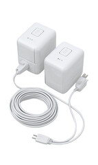 Two white square power units with coiled cord