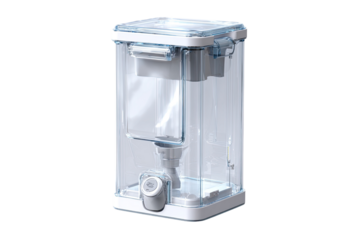 Clear, white, rectangular storage container with dispensing spout