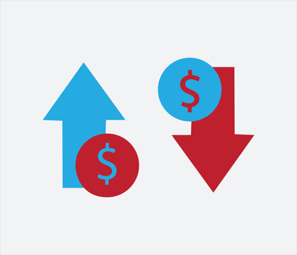 dollar increase and decrease icon cost reduction icon, price lower arrow financial benefit vector icon