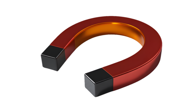 A red horseshoe magnet with black ends isolated against a plain black background in a studio shot