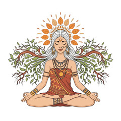Spiritual Goddess of Nature meditating in yoga pose. Vector illustration.