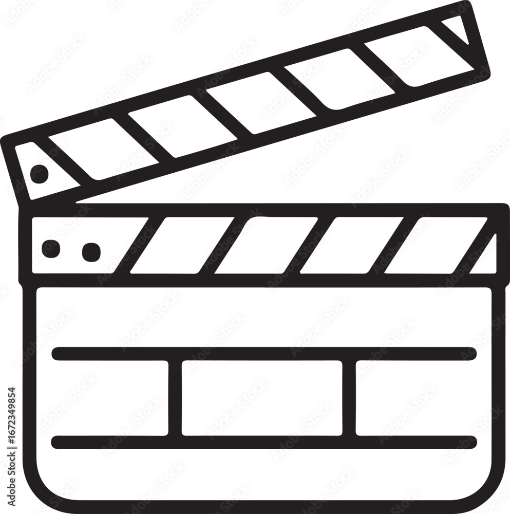 Poster simple line art icon of an open clapperboard for filmmaking