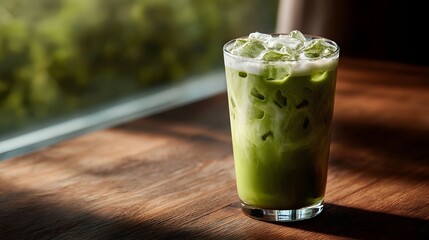 Iced matcha latte with creamy foam in a glass