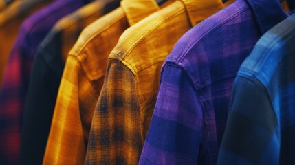 Colorful flannel shirts hanging in a retail store during the fall season