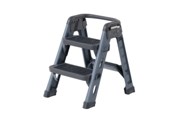Gray, lightweight, two-step folding ladder.  Compact design with textured steps.  Features secure handrails and locking mechanism
