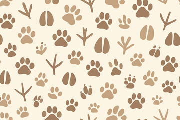 Fototapeta premium Paw print patterns in shades of brown on a light background create a whimsical design suited for various uses