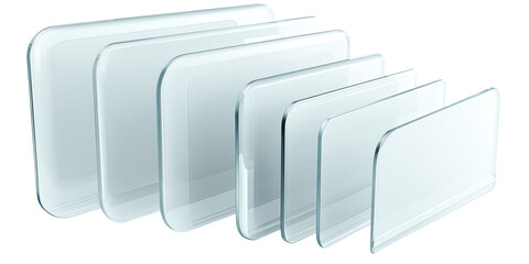 Stacked rectangular glass panels in varying sizes