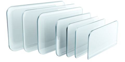 Stacked rectangular glass panels in varying sizes