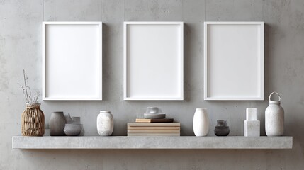 Minimalist Display Wall with Empty White Frames and Ceramic Vases on Concrete Shelf