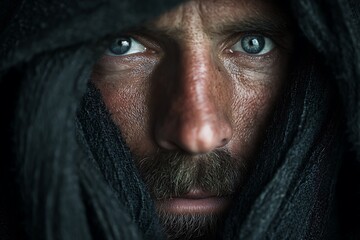 intimate portrait of man enveloped in dark textile
