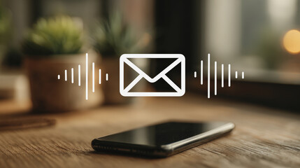 Voice receipts envelope icon and waveform above phone on wooden table, modern communication, digital message, cozy indoor, soft light