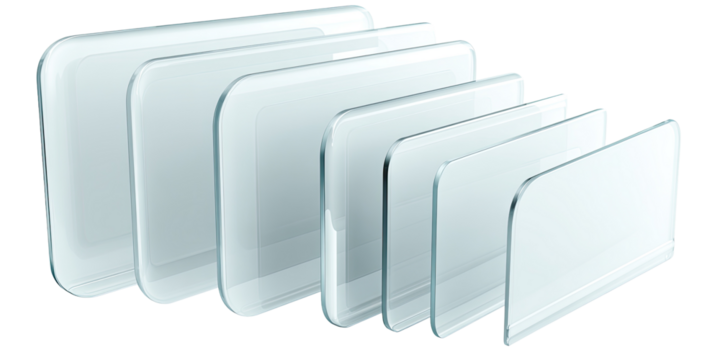 Stacked rectangular glass panels in varying sizes