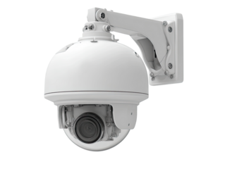 A white dome security camera mounted on a wall