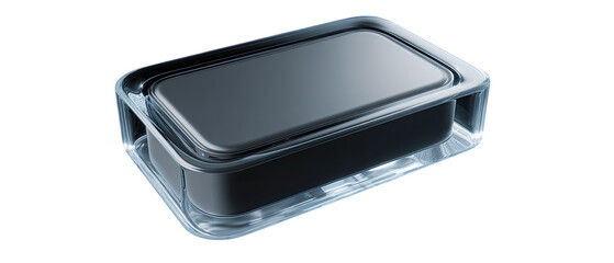 Dark gray rectangular food container with clear plastic lid