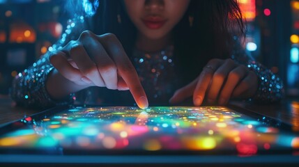 Close up, woman using digital tablet, finger touching on screen and working on laptop computer, surfing the internet on office table: Online working.