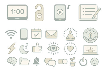 Minimalist digital wellness and productivity icons on muted gray gradient background, featuring 1:00 timer, do not disturb sign, smartphone with play button, journaling notebook, wifi