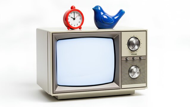 Vintage Television Set with Retro Alarm Clock and Blue Bird Figure