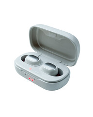 Wireless earbuds in charging case.  Light gray case, oval shape, holds two earbuds.  Small red lights on case