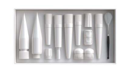 White cosmetic product display.  Organized set of  tubes, jars, and brushes in a white tray