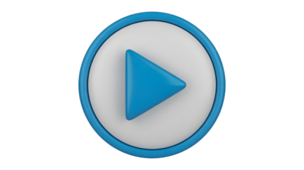 A blue play button icon with a white background and a blue border on a black background render