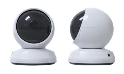 Two white, spherical security cameras, side-by-side view,  showing detail of lens and base