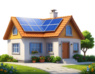 Colorful 3D Cartoon House with Solar Panels and Bright Sun, Eco Friendly Concept