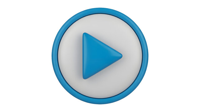 A blue play button icon with a white background and a blue border on a black background render