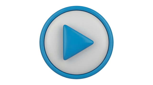 A blue play button icon with a white background and a blue border on a black background render