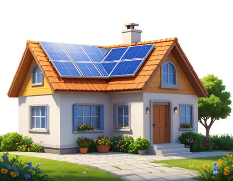 Colorful 3D Cartoon House with Solar Panels and Bright Sun, Eco Friendly Concept