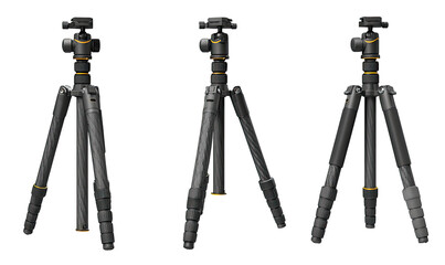Three black tripods,  depicting different leg configurations, likely for a camera.  Gray/black colored extendable legs,  with noticeable textured grips.