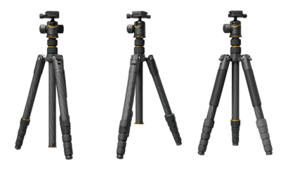 Three black tripods,  depicting different leg configurations, likely for a camera.  Gray/black colored extendable legs,  with noticeable textured grips.