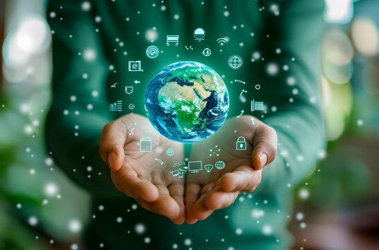 Hands holding digital glowing earth with data icons, symbolizing sustainability, eco technology, renewable energy, green innovation, and smart solutions for a better future.