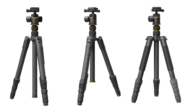 Three black tripods,  depicting different leg configurations, likely for a camera.  Gray/black colored extendable legs,  with noticeable textured grips.